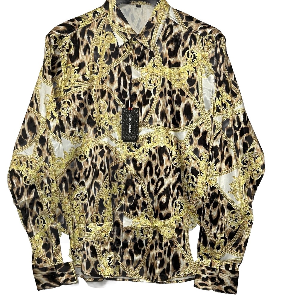 GS Bogosse Shirt Button Long Sleeve Shirt Animal Print Gold Design Men 3XL Slim